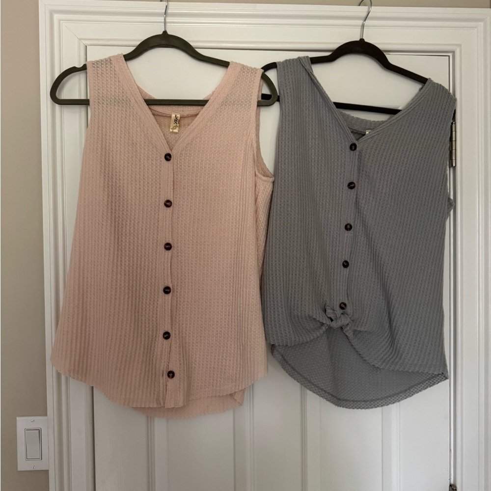 Pink and Gray Button-Up Sleeveless Tops